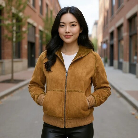 UGG Suede Leather and Faux Fur Lined Hooded Bomber Jacket | Size M - Picture 2 of 14